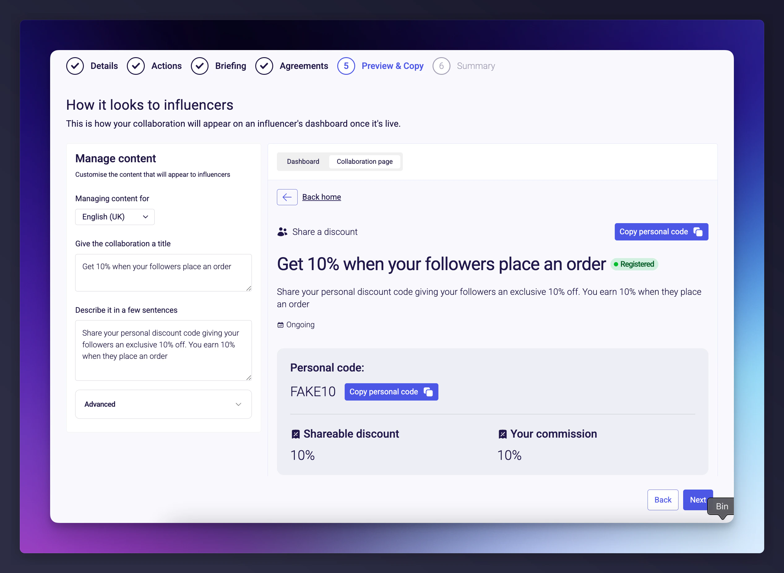 Dashboard view preview of collaboration