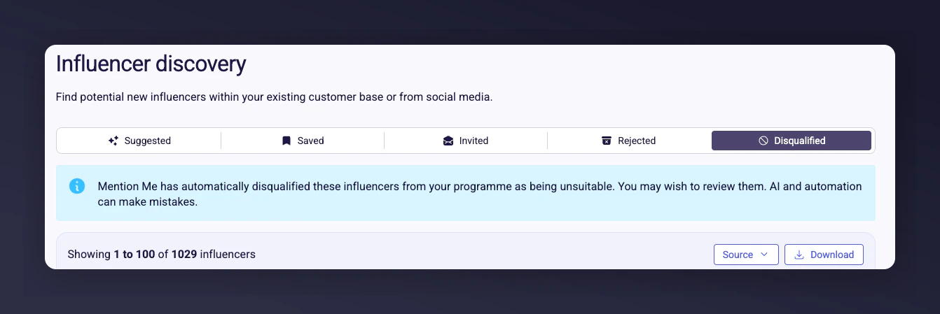 Disqualified influencers tab showing profiles that failed exclusion criteria