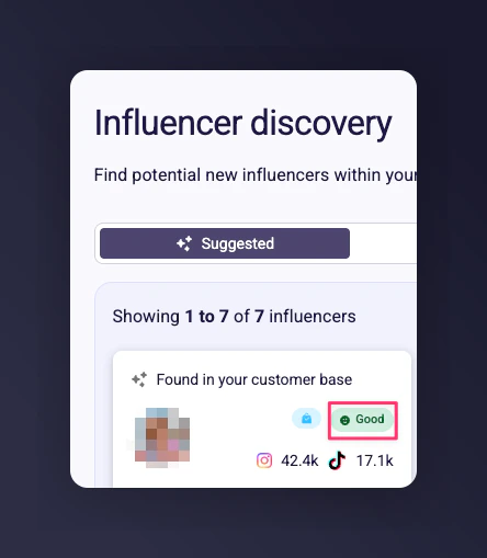 Fit label tooltip showing detailed suitability reasons for a suggested influencer