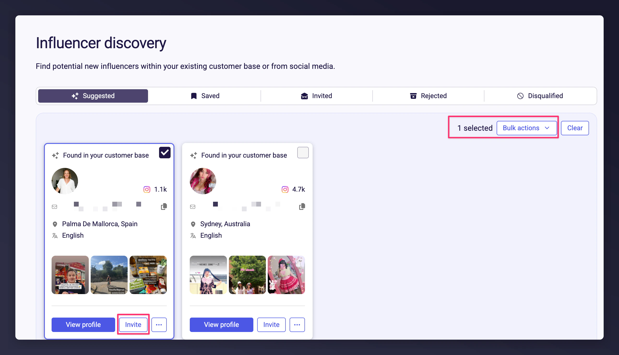 Bulk invite and reject options for multiple influencers