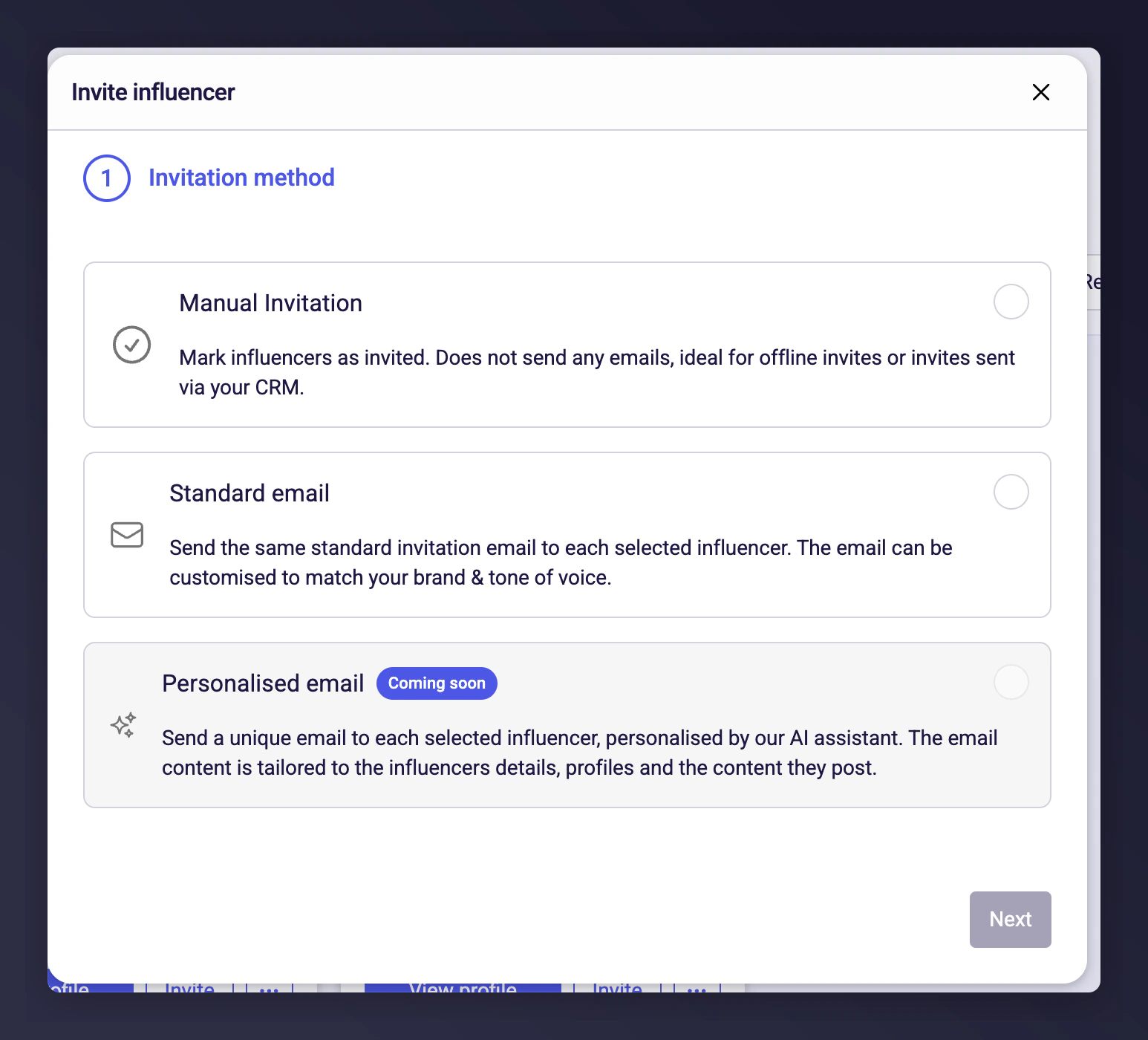 Email method selection for influencer invitations