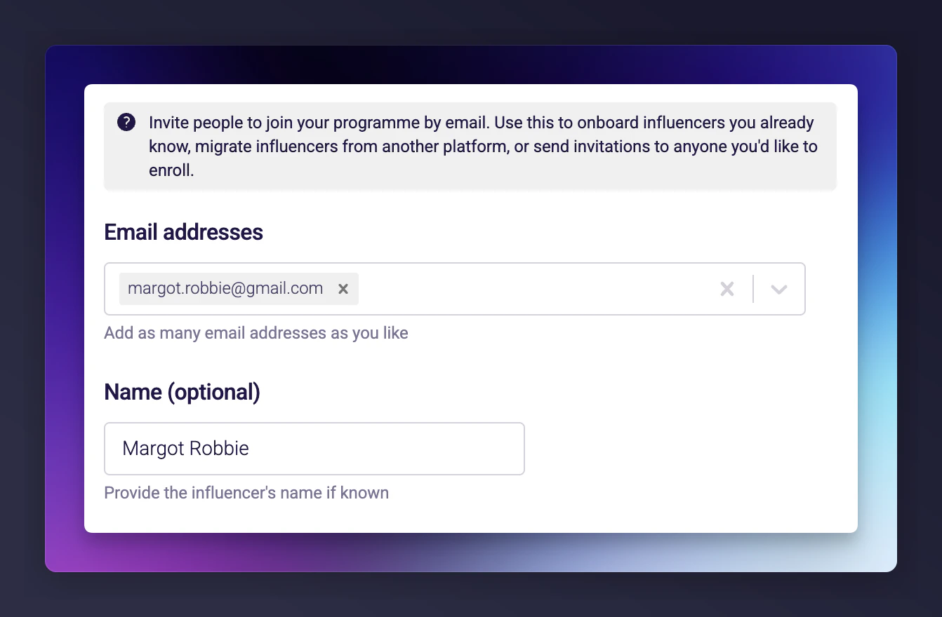 Single influencer invite with optional name field
