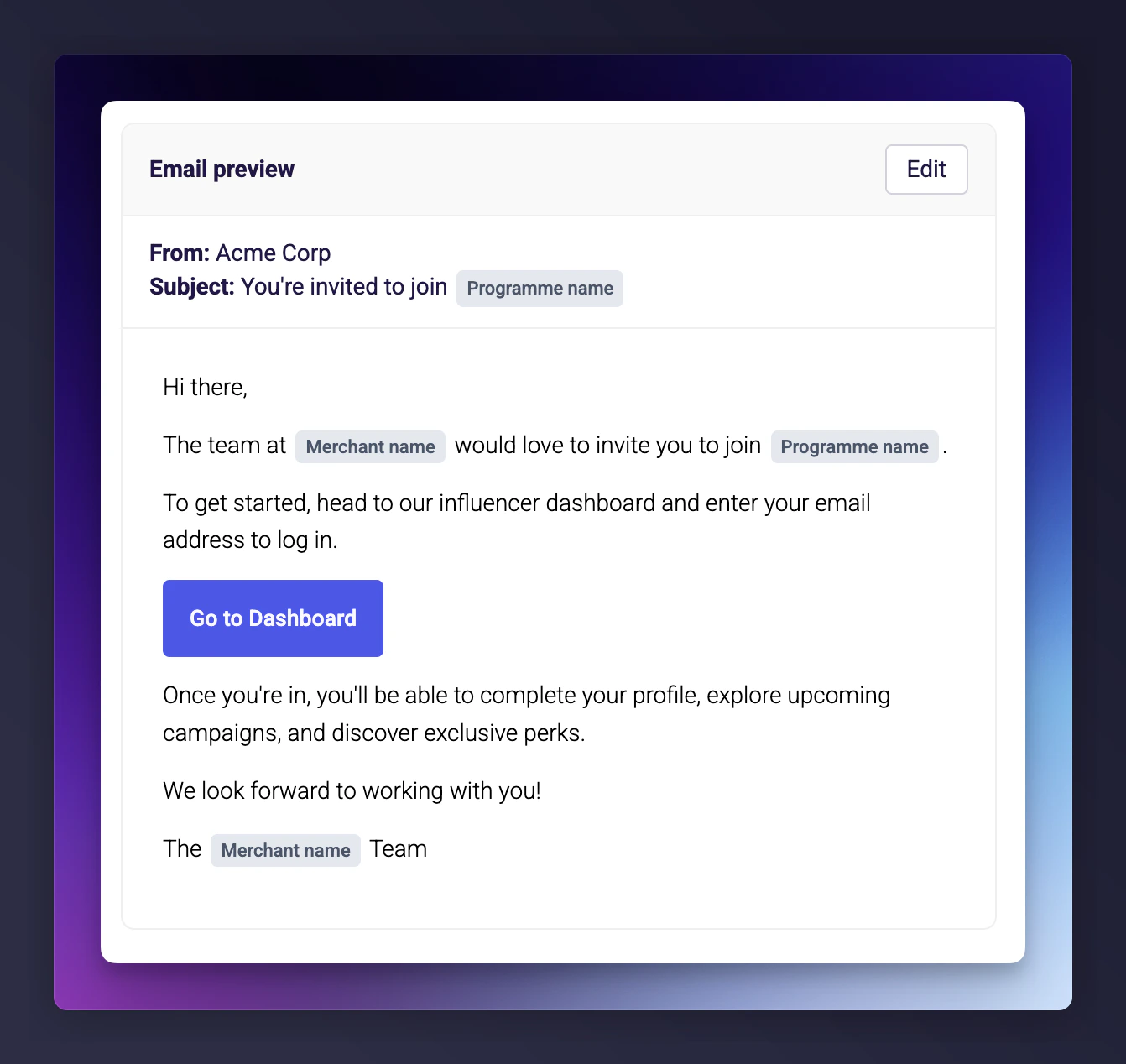 Invitation email preview with edit option