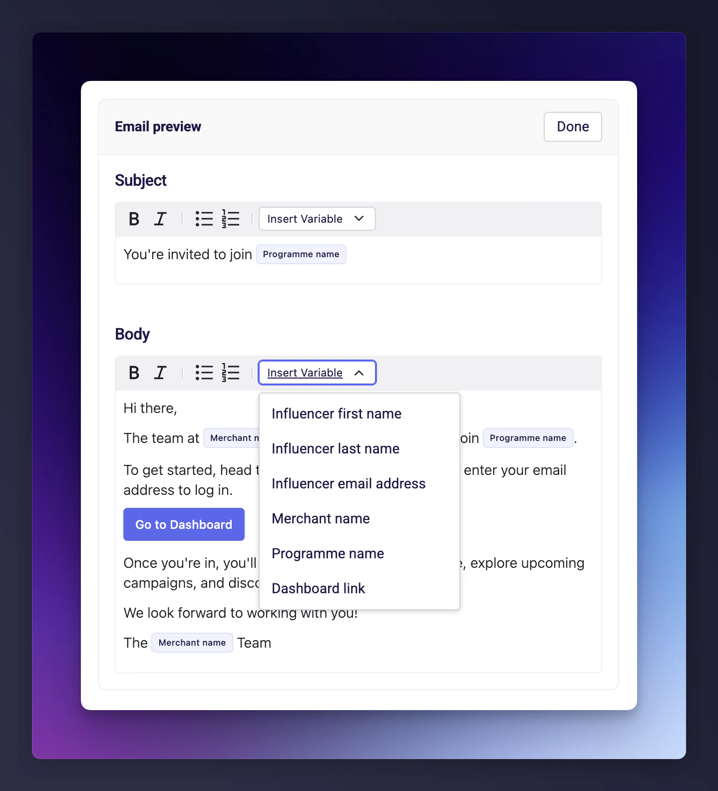 Email body editor with Markdown and template variables