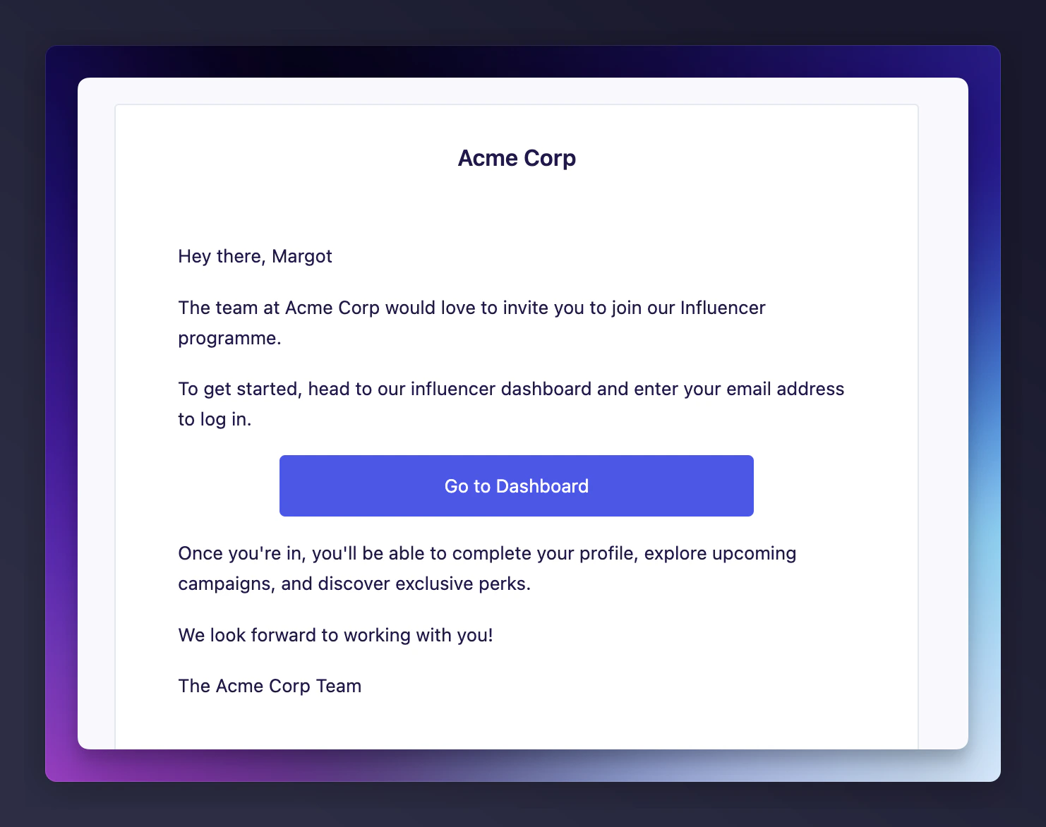 Influencer invitation email received
