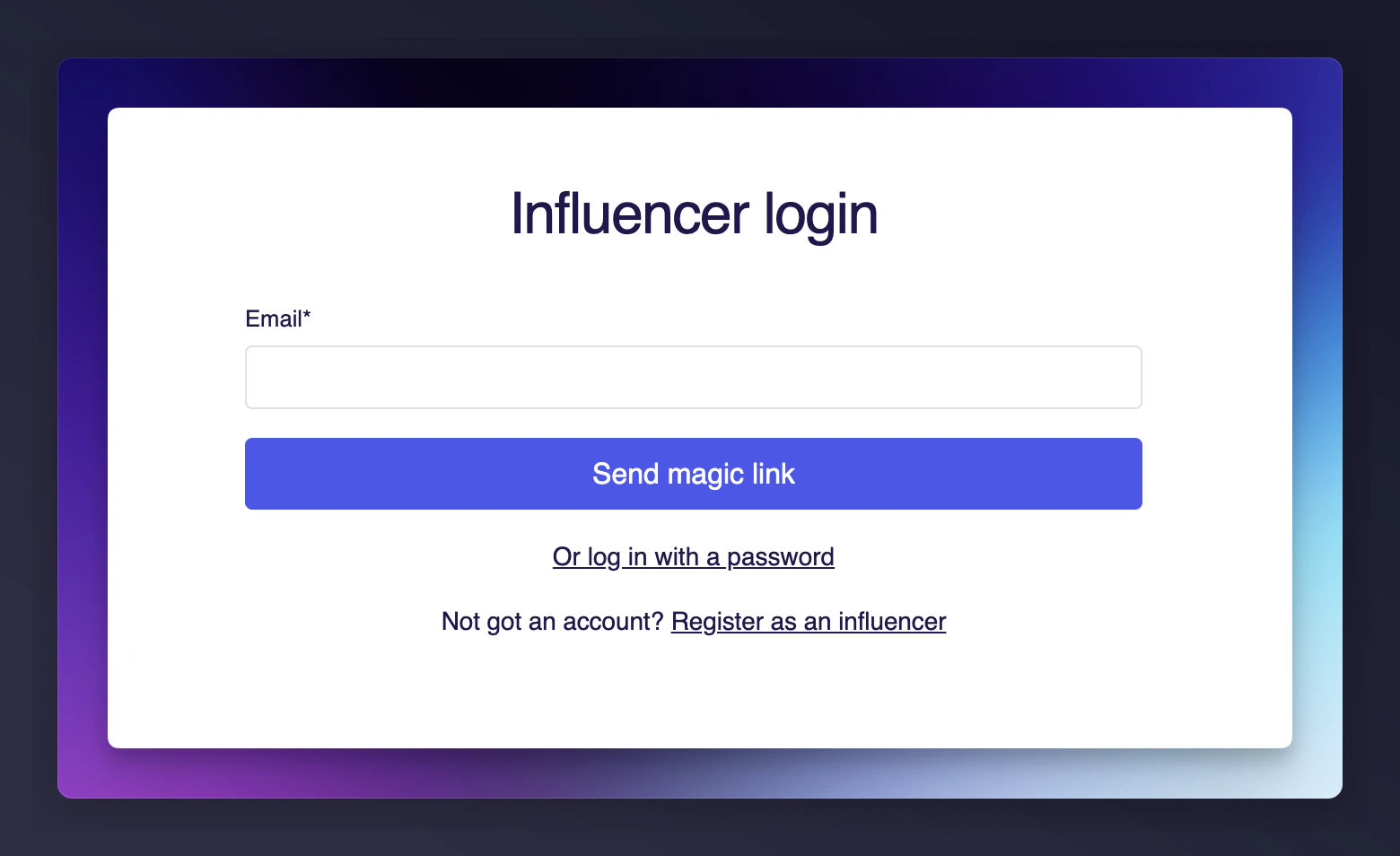 Magic link login page for influencers