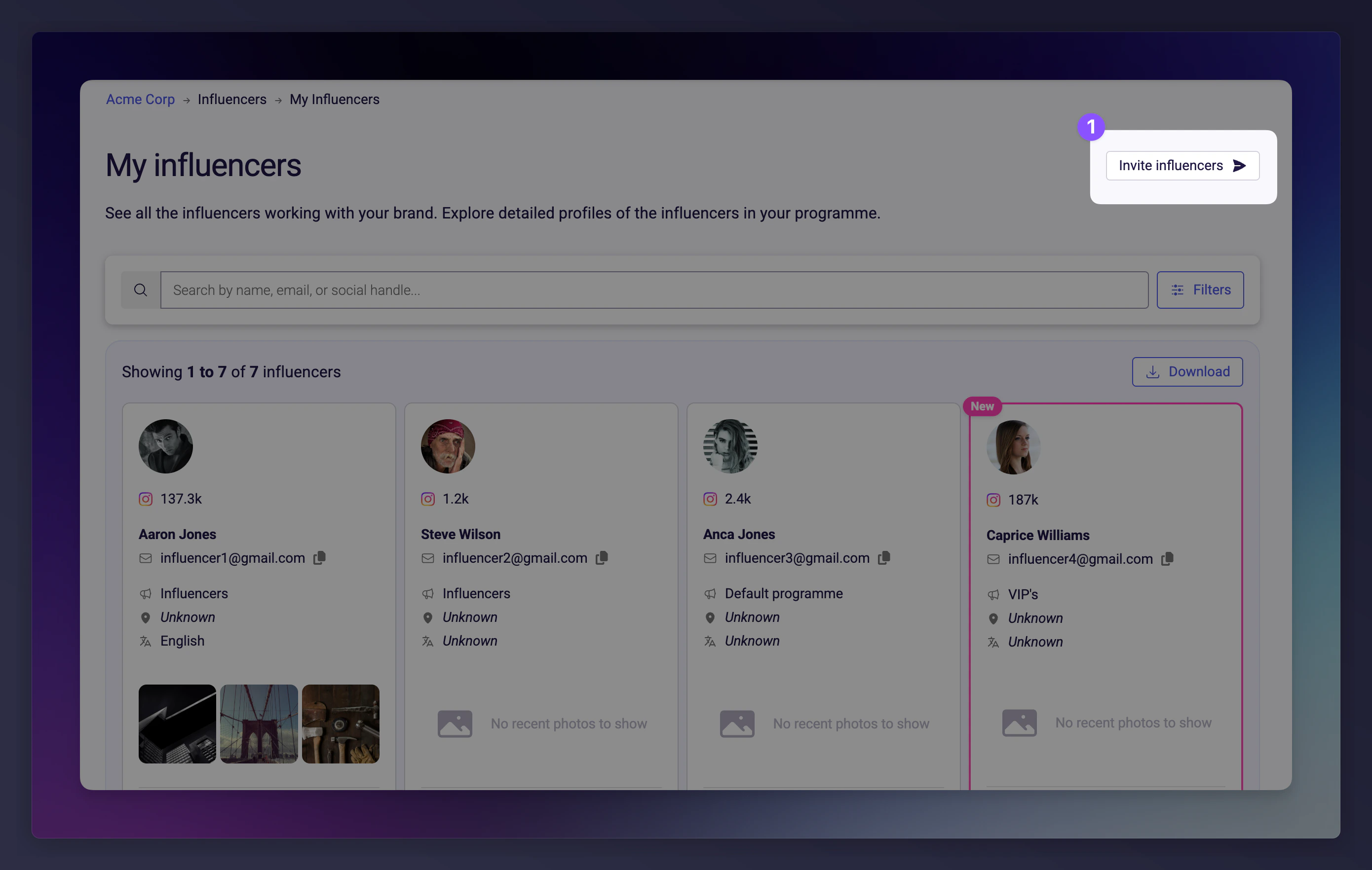 Invite influencers button on My Influencers page