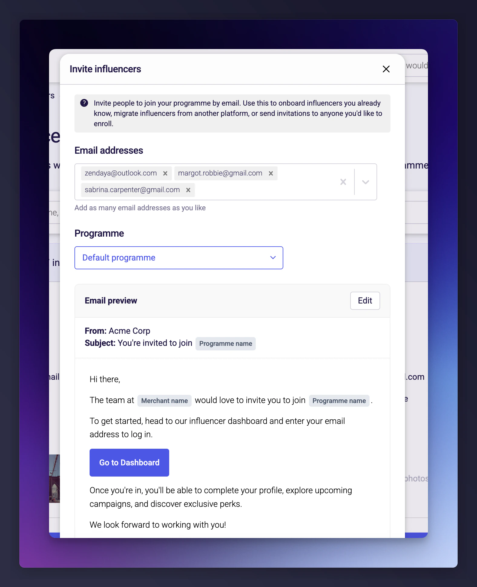 Email address input field for bulk invitations
