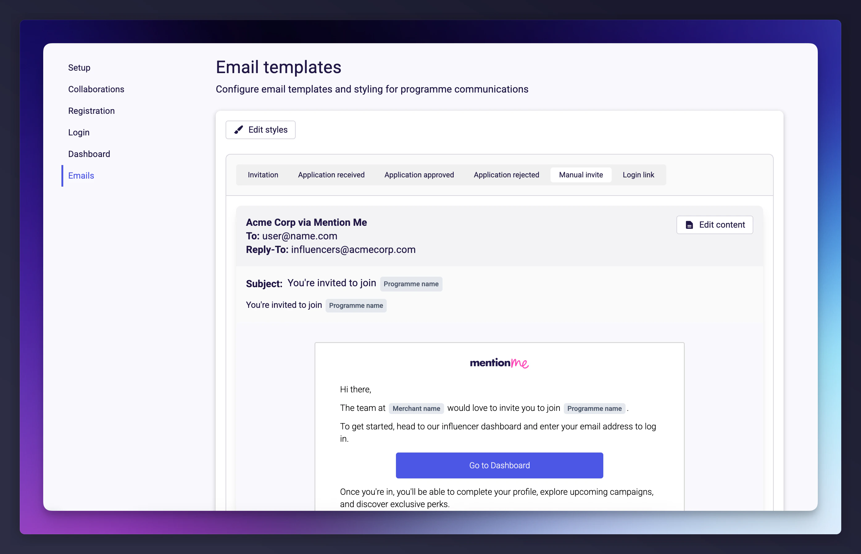 Manual invite email template in programme settings