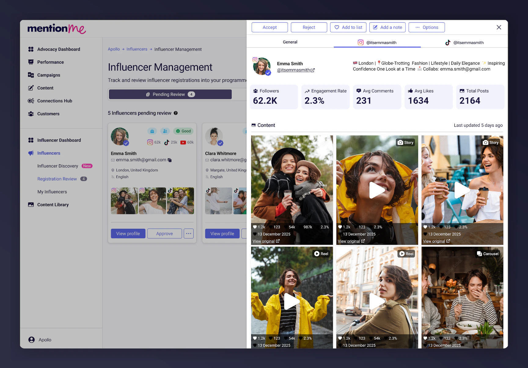 Influencer profile review showing social stats and feed