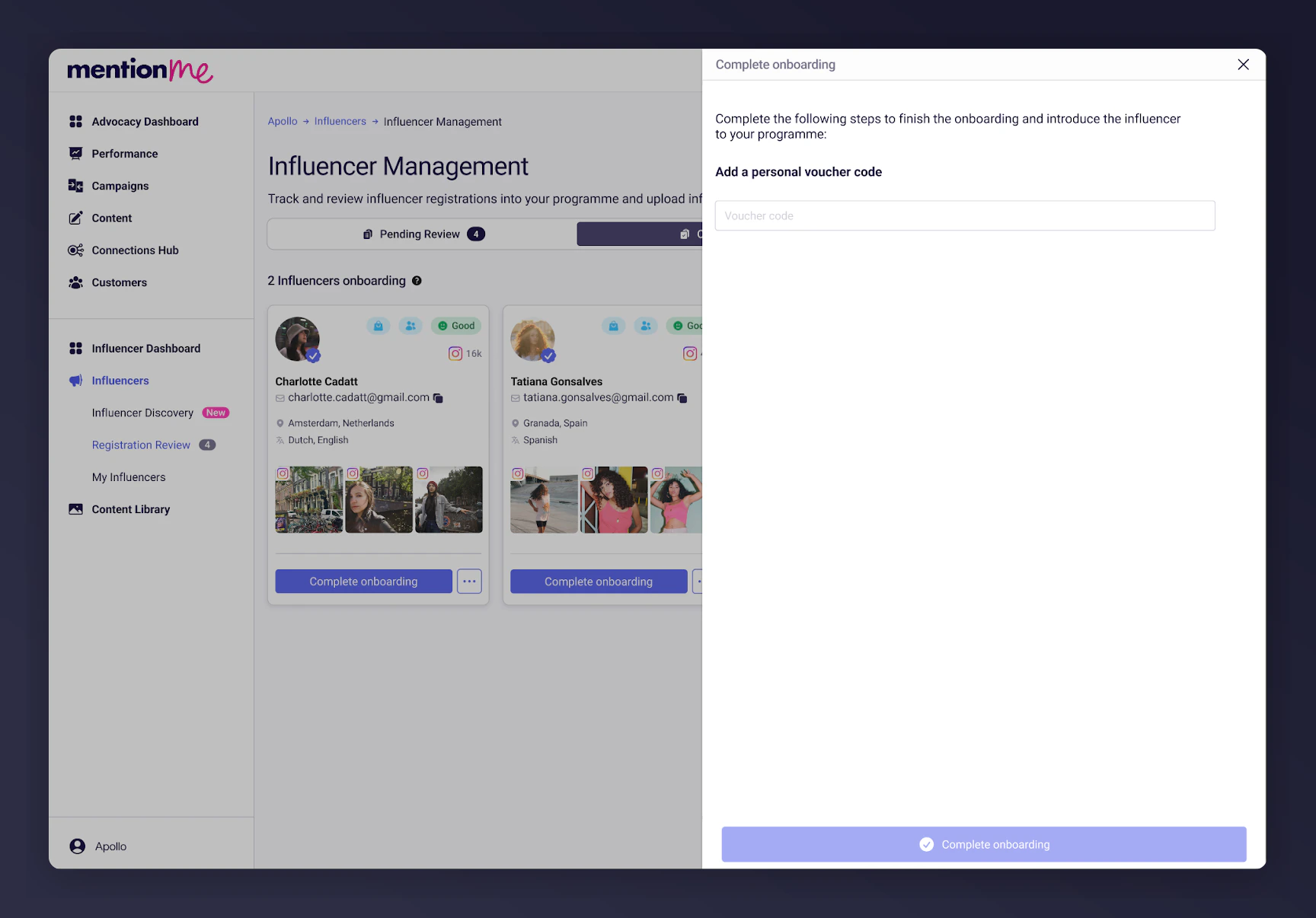 Onboarding stage showing Complete Onboarding button and discount code prompt