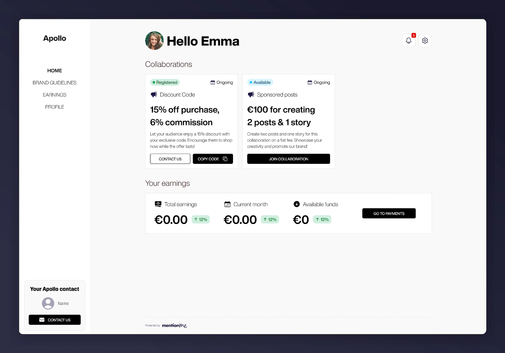 Influencer dashboard showing earnings summary and withdrawal link