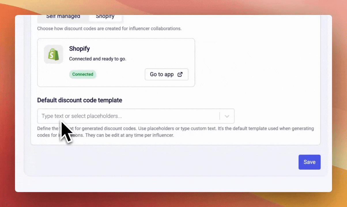 Animated walkthrough of building a discount code template with placeholders and preview