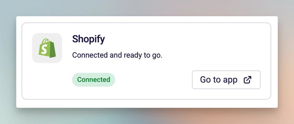 Shopify connection status card showing Connected status on the General settings page
