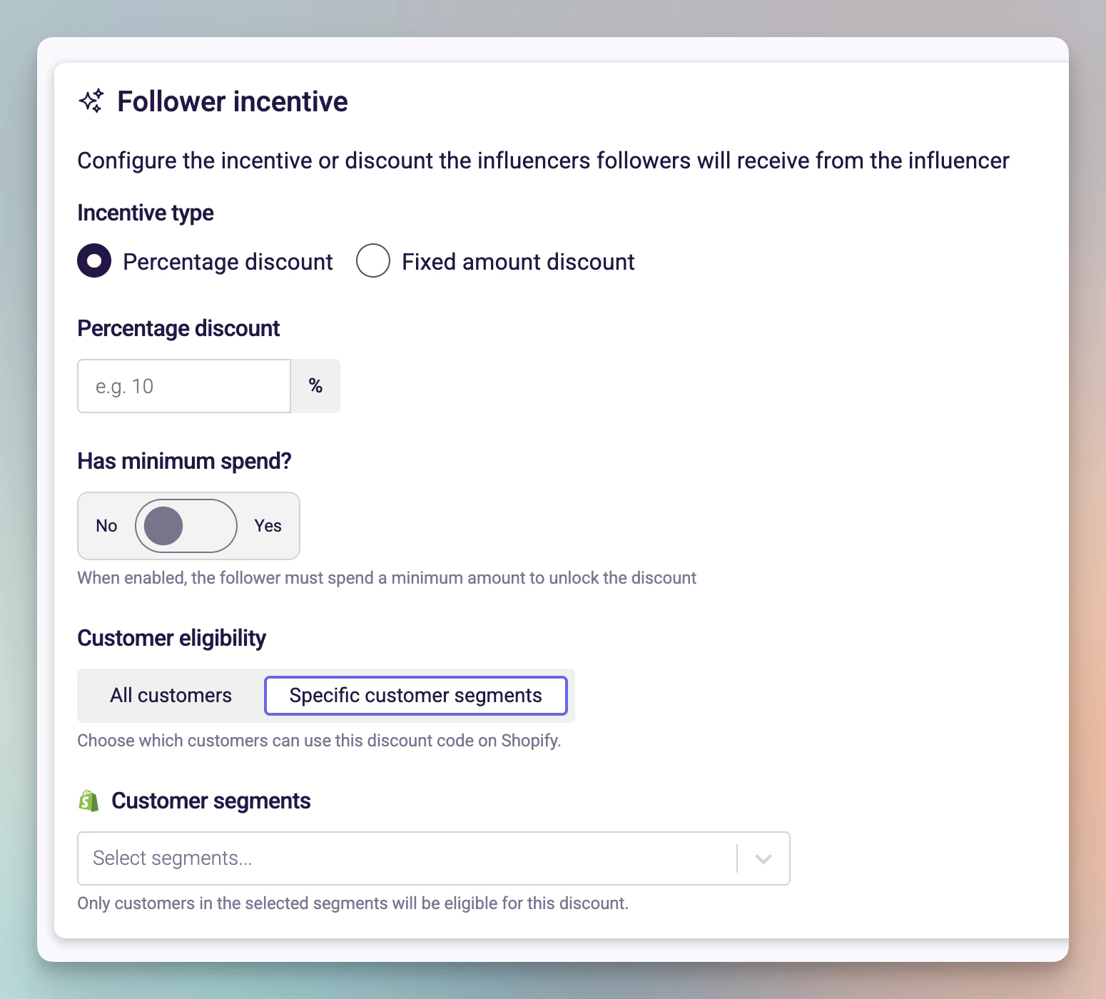Collaboration wizard Actions step with follower incentive and customer eligibility settings