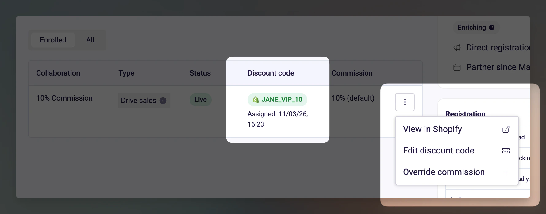 Influencer collaboration showing Shopify discount code with green badge and View in Shopify action