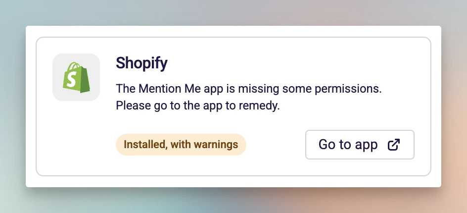 Shopify integration card showing Installed with warnings status and missing permissions message