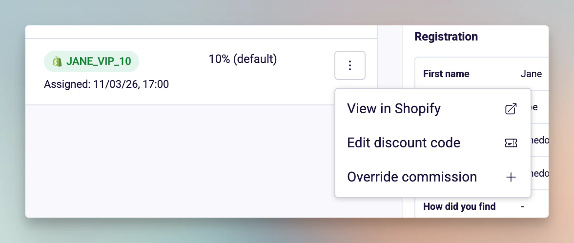 Edit discount code modal with input field for the new code