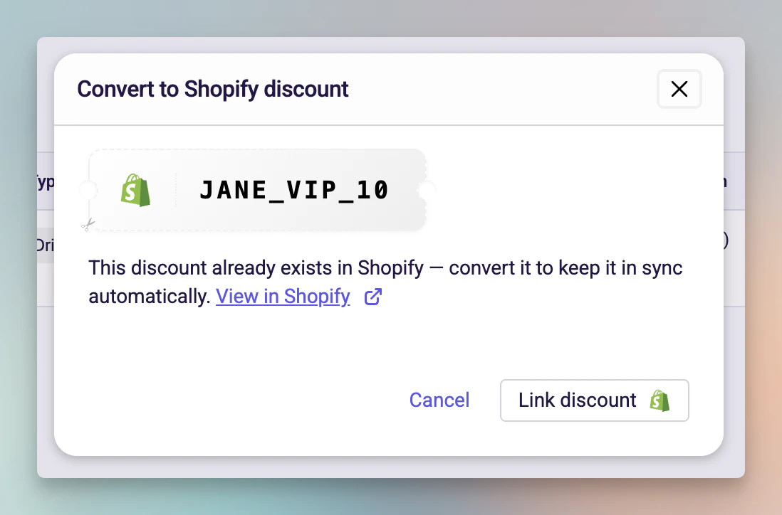 Modal showing existing Shopify discount found with Link discount button