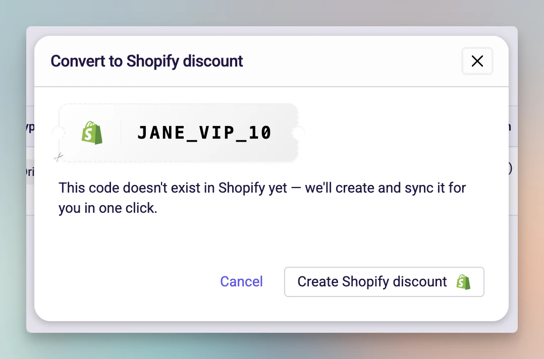 Modal showing code not found in Shopify with Create Shopify discount button