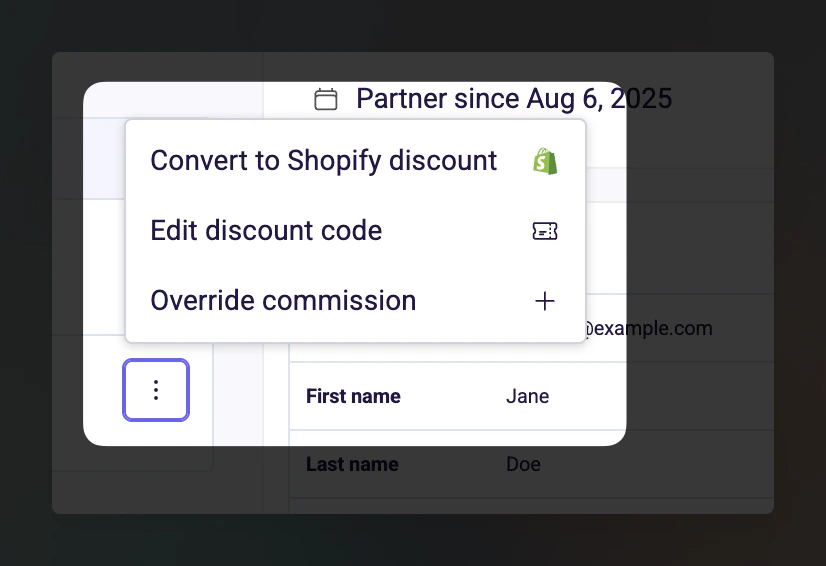 Convert to Shopify discount option in the collaboration actions menu