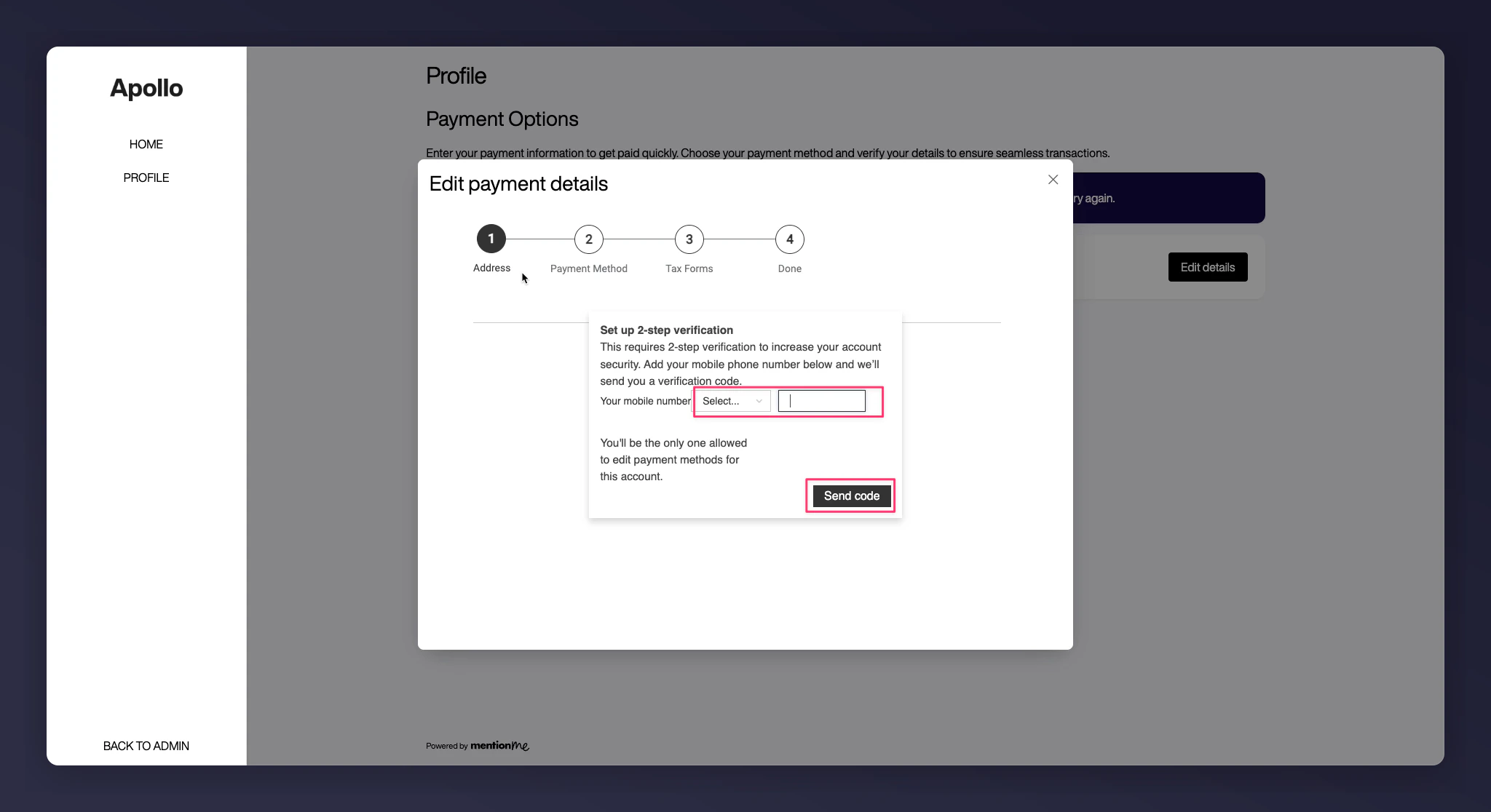 Mobile number verification screen with country code and PIN entry