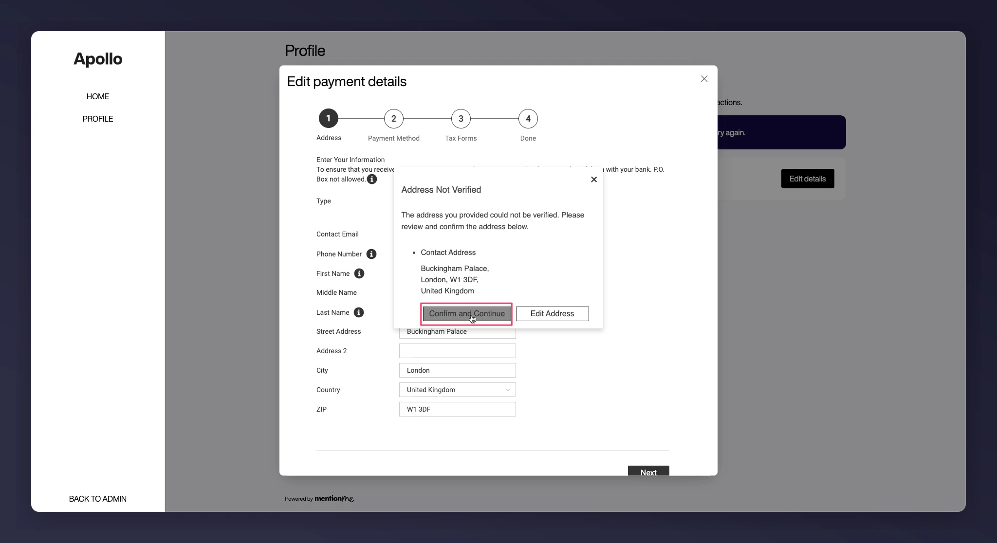Address confirmation screen with option to edit or confirm