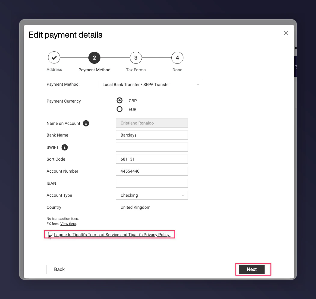 Bank details entry form with sort code and account number fields