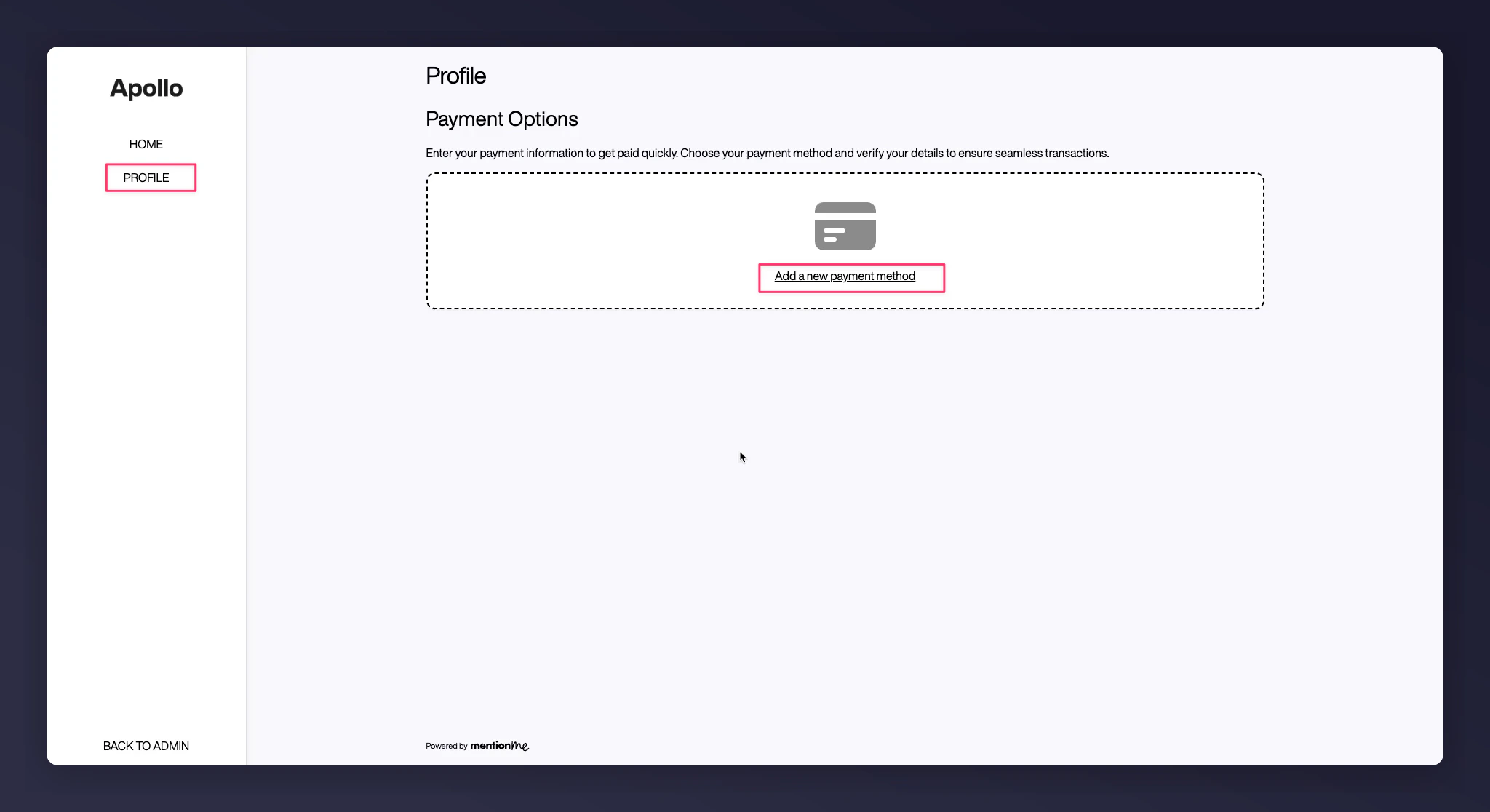 Influencer dashboard profile page with payment method options