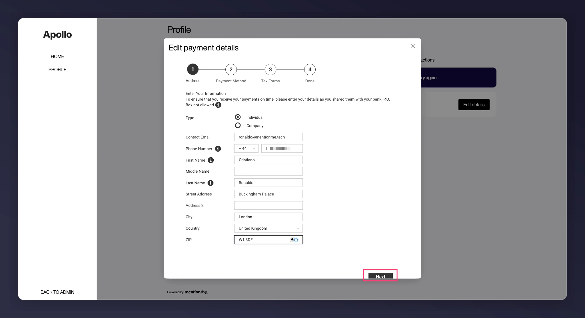 Address details form with pre-filled email and name fields