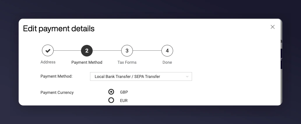 Currency and payout method selection screen