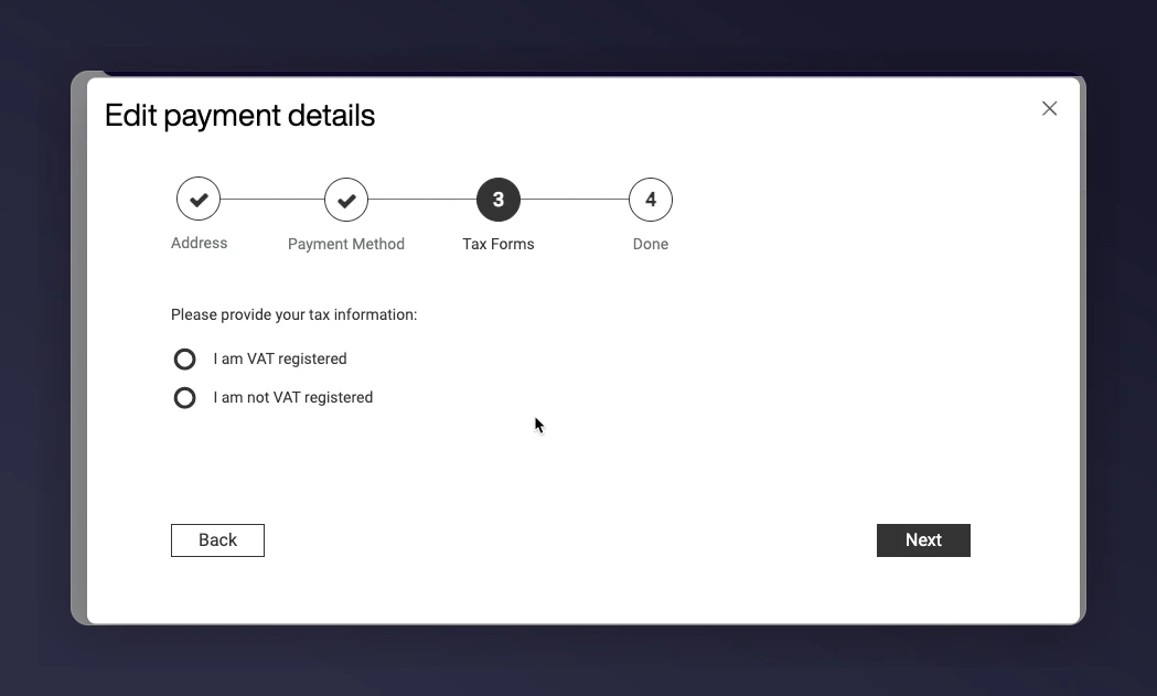 VAT registration checkbox and VAT number input field