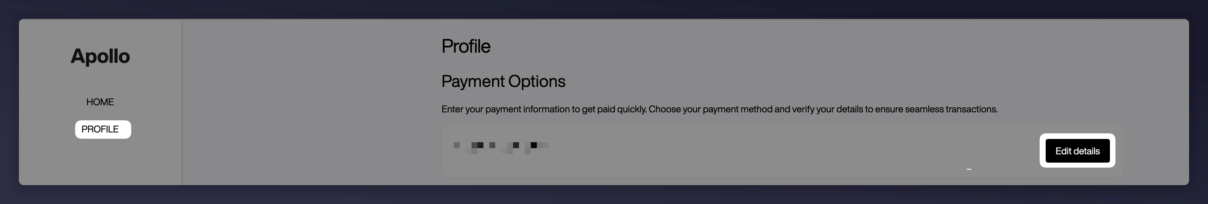 Payment details navigation bar on the influencer dashboard