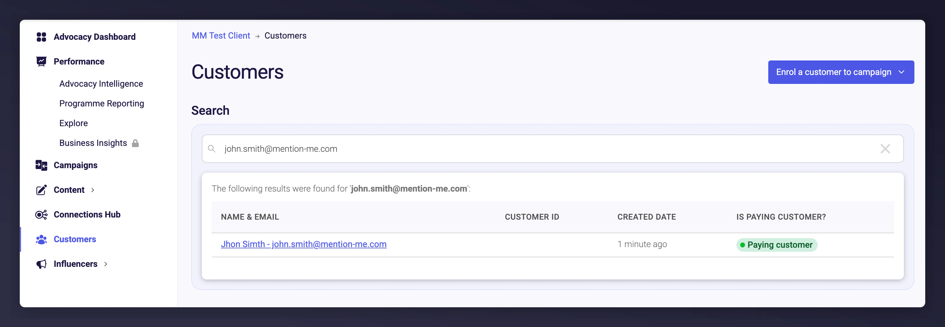 Customer search results by name or email