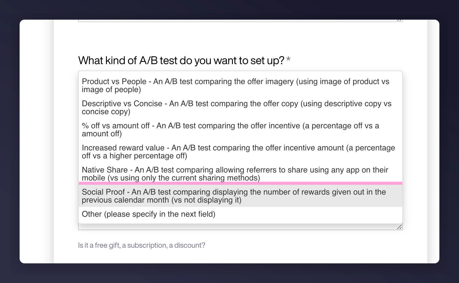 A/B test type dropdown with Social Proof option highlighted