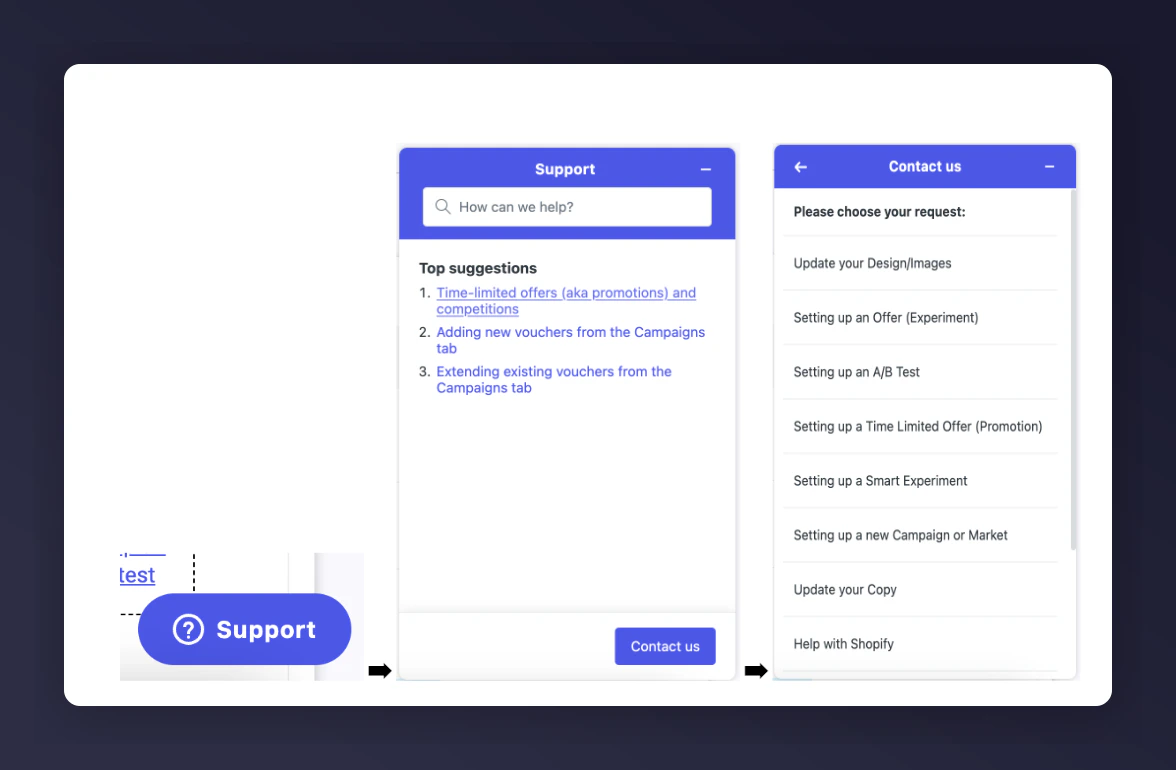 Support widget and contact form showing request types