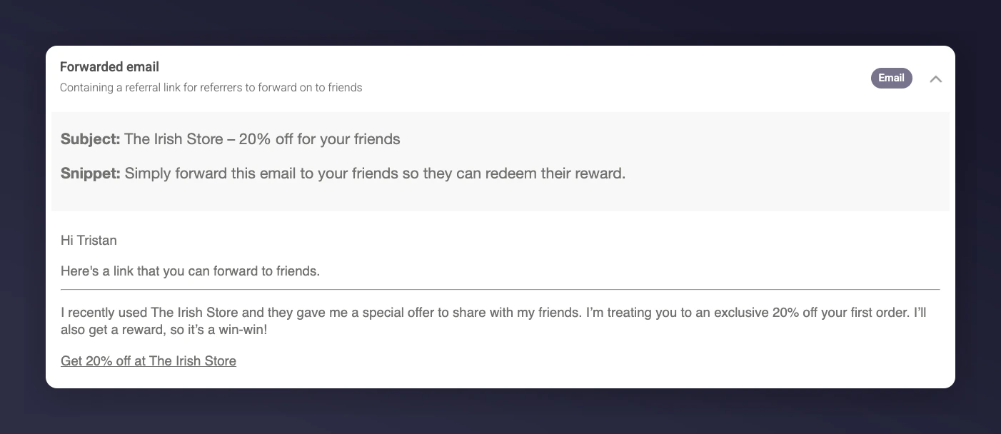 Forwarded email copy with subject and snippet