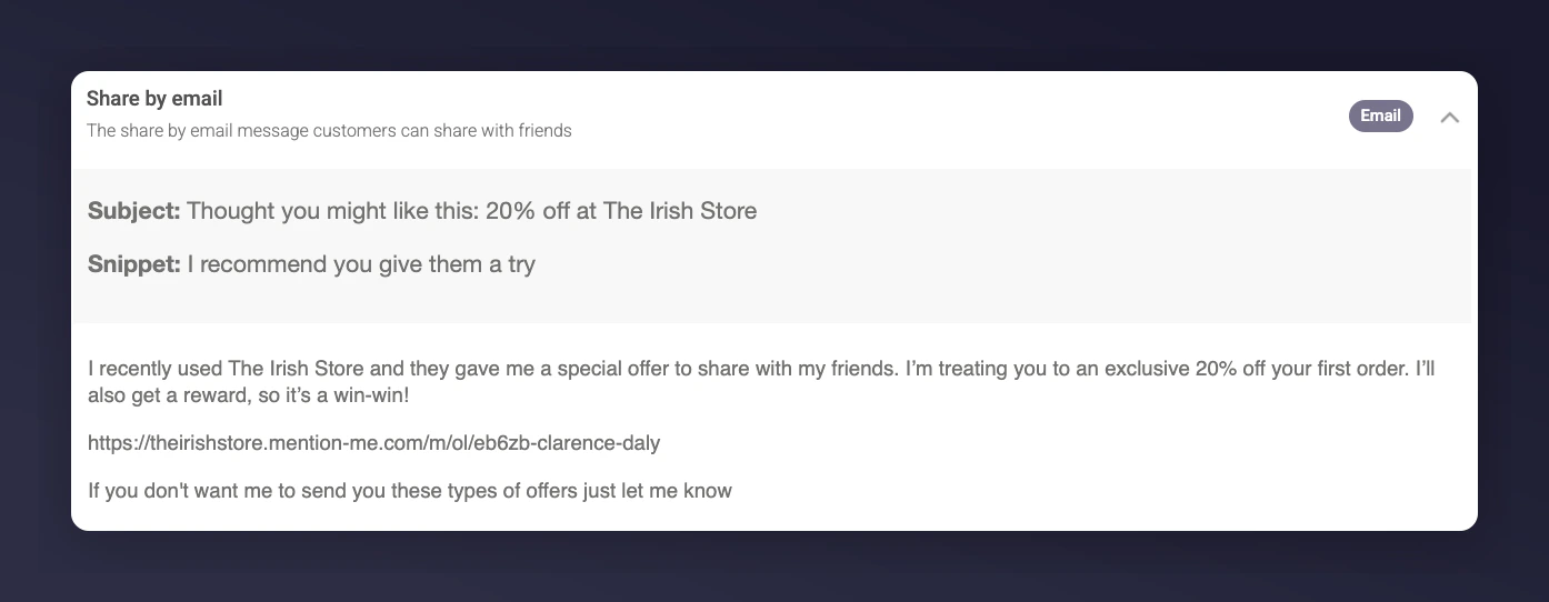 Share by email referral message copy