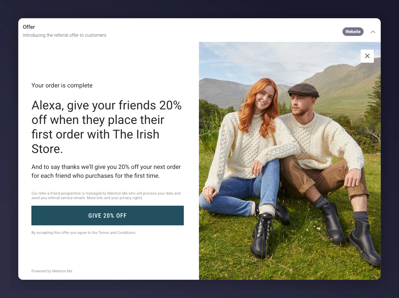 Referrer offer page and sharing screen with editable copy
