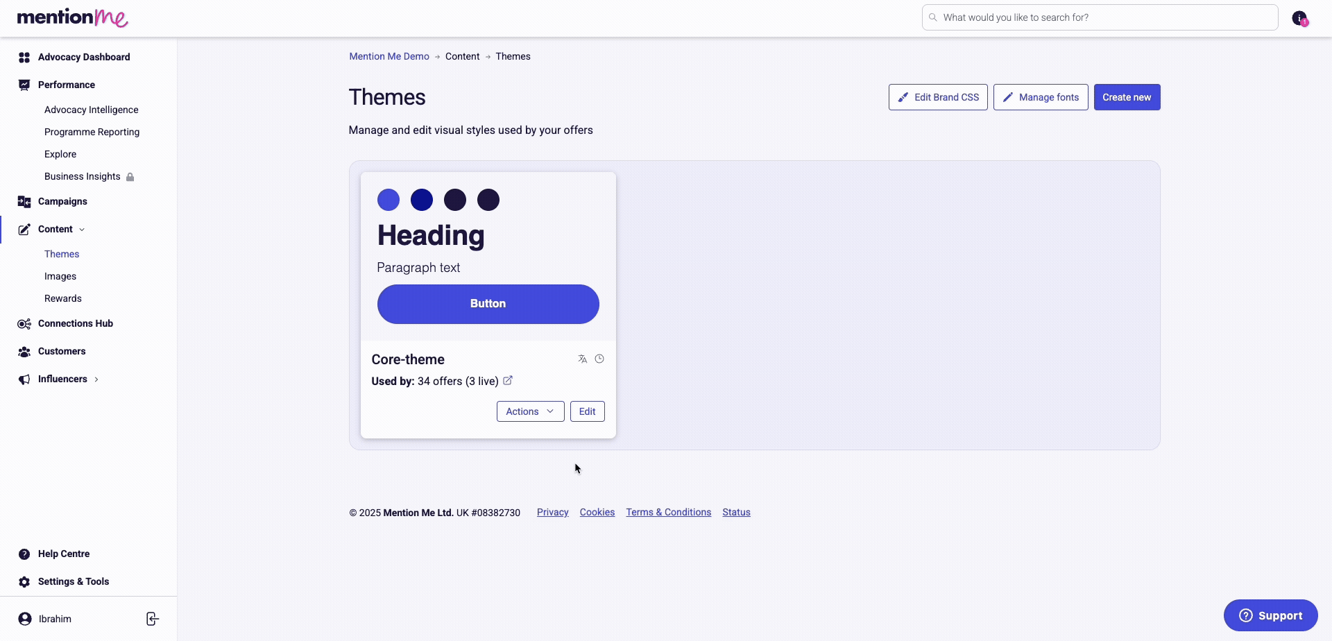 Renaming a theme via the Actions menu