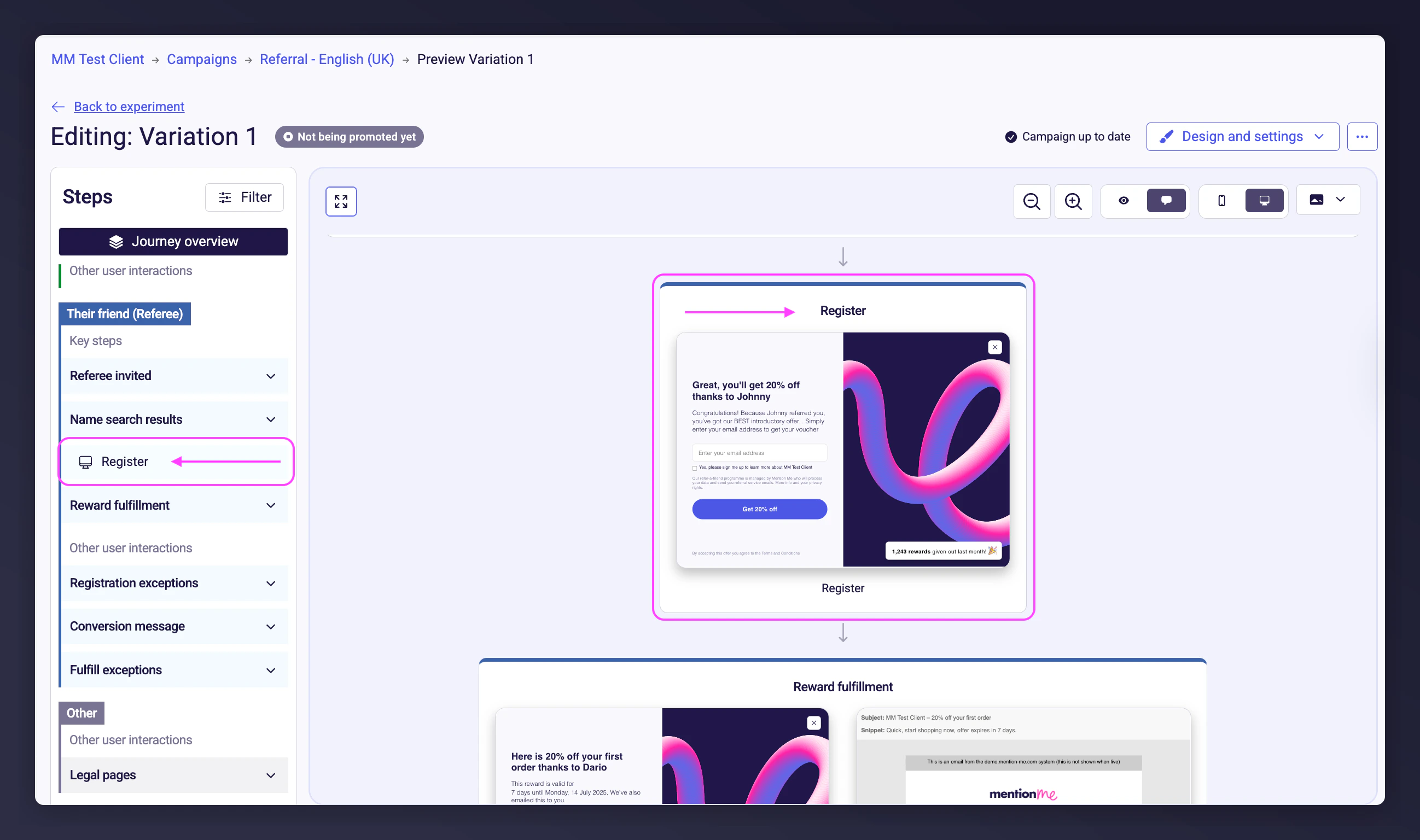 Campaign preview showing social proof on referee registration page