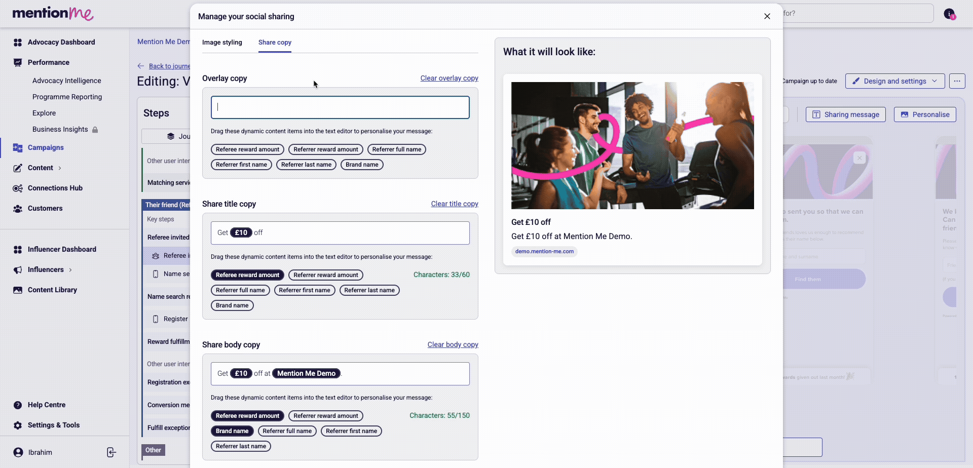 Editing overlay copy with dynamic content placeholders