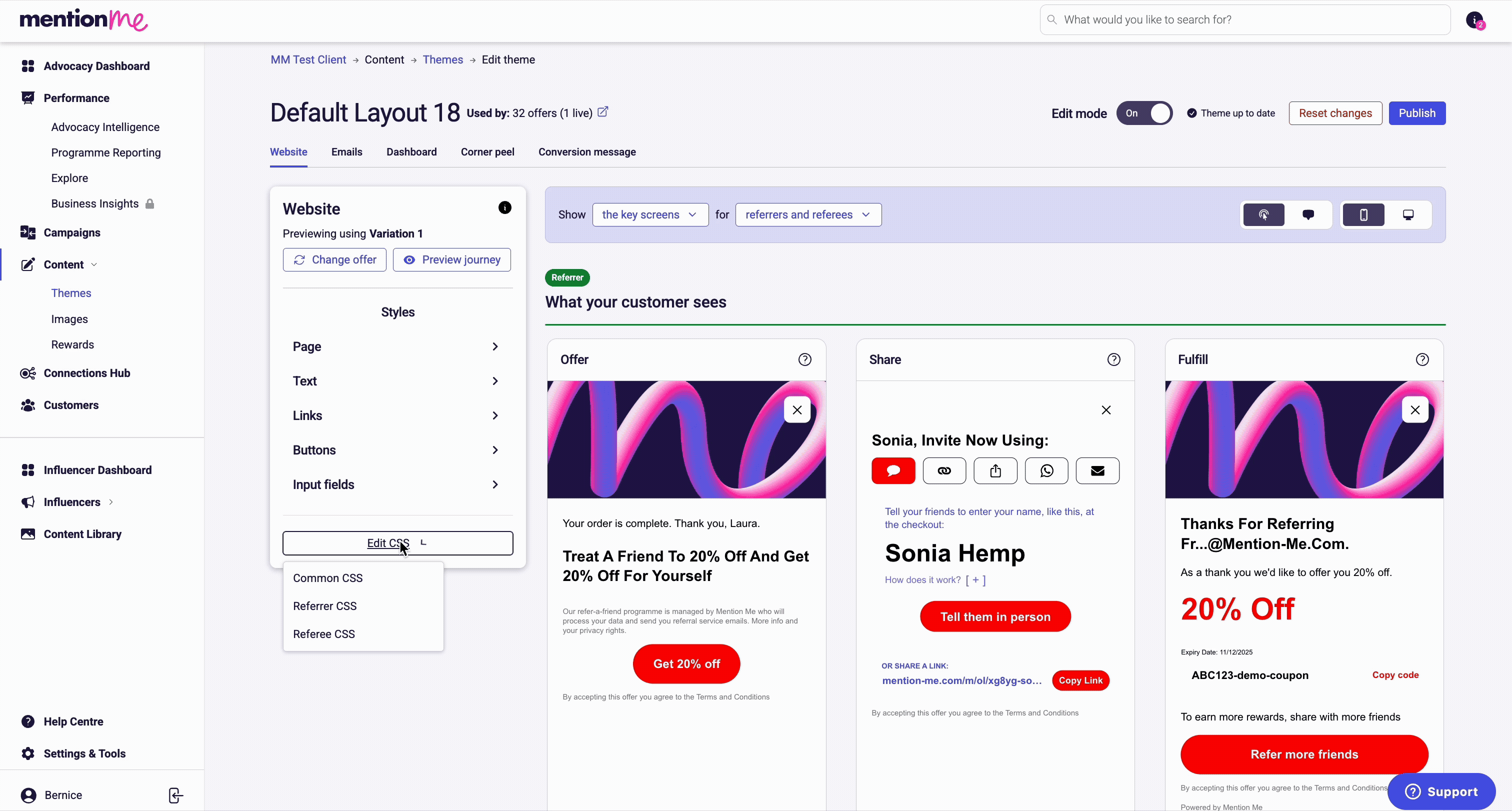 Navigating to the CSS editor in the theme settings