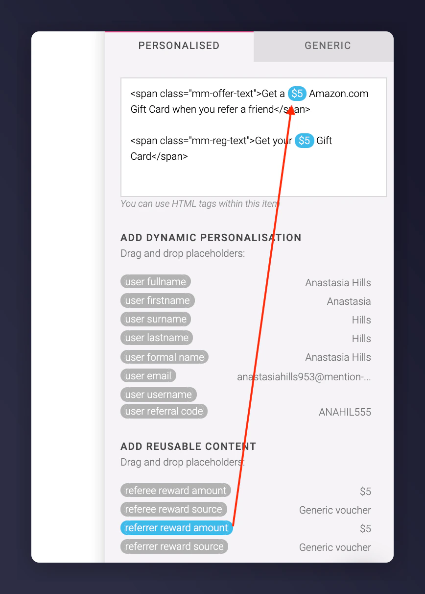 Dynamic personalisation and reusable content placeholders