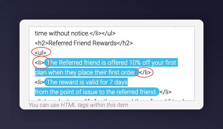 HTML editing in terms and conditions with highlighted editable areas