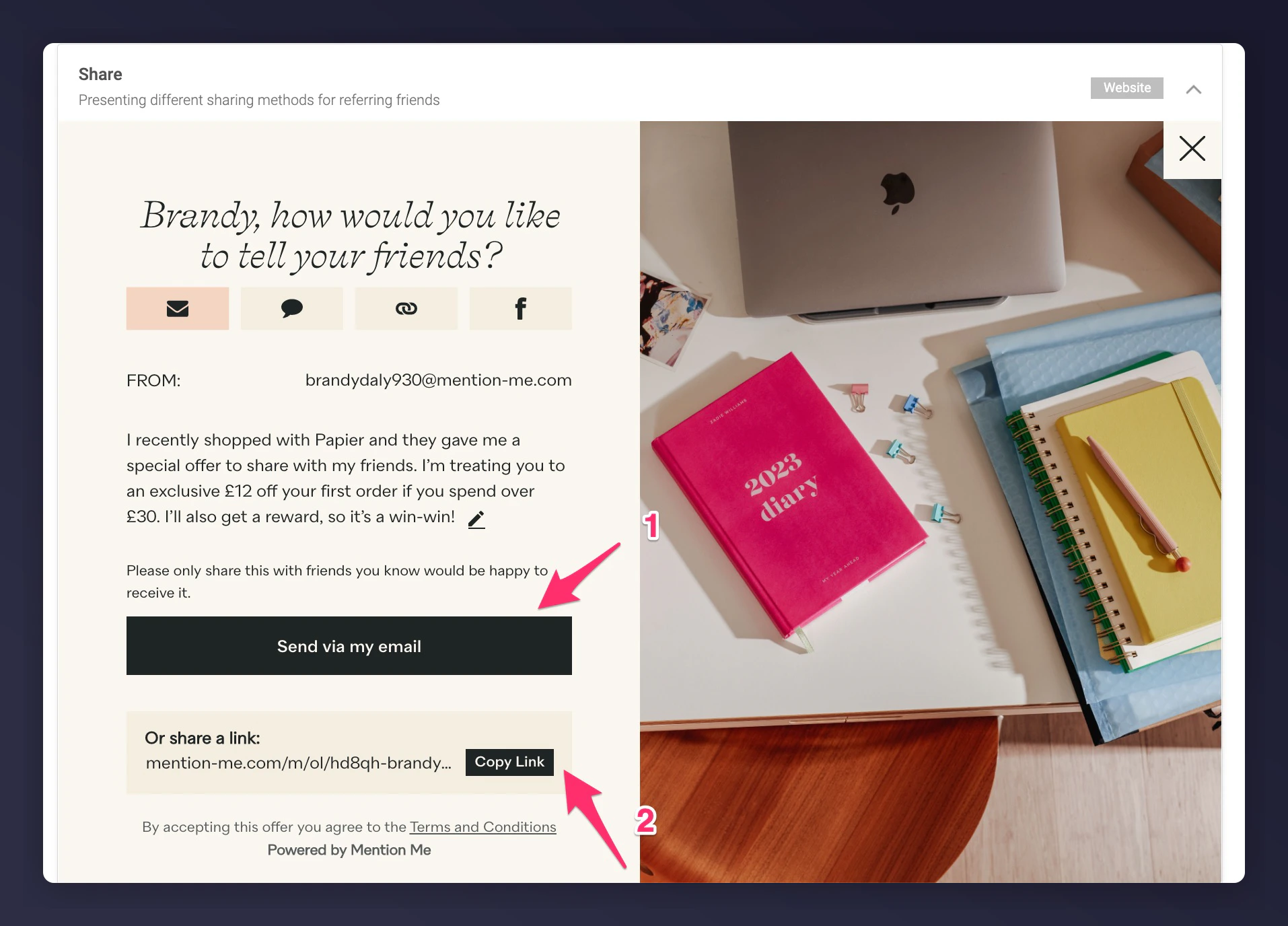 Share overlay showing link copy and sharing options
