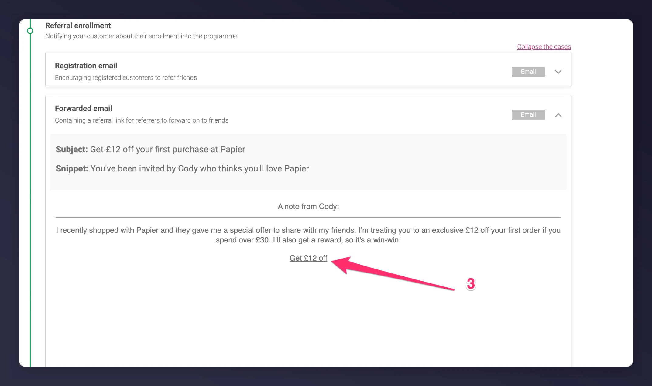 Forwarded email referral configuration in the platform