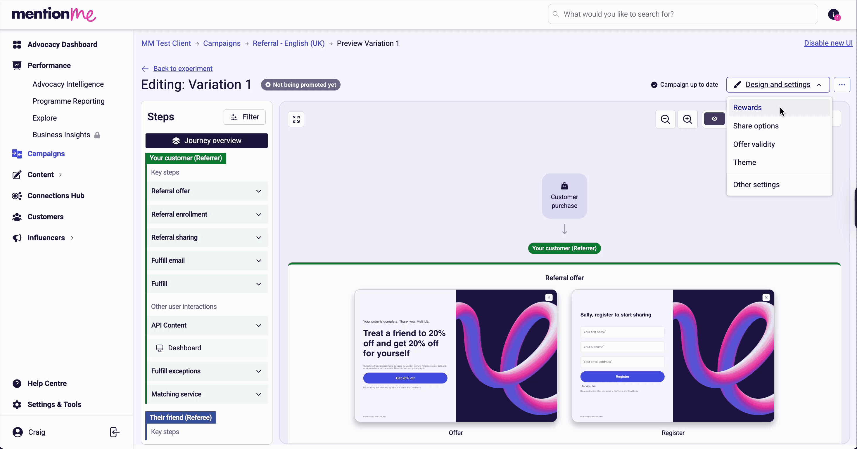 Reward fulfilment method selection showing coupon code, link, and webhook options
