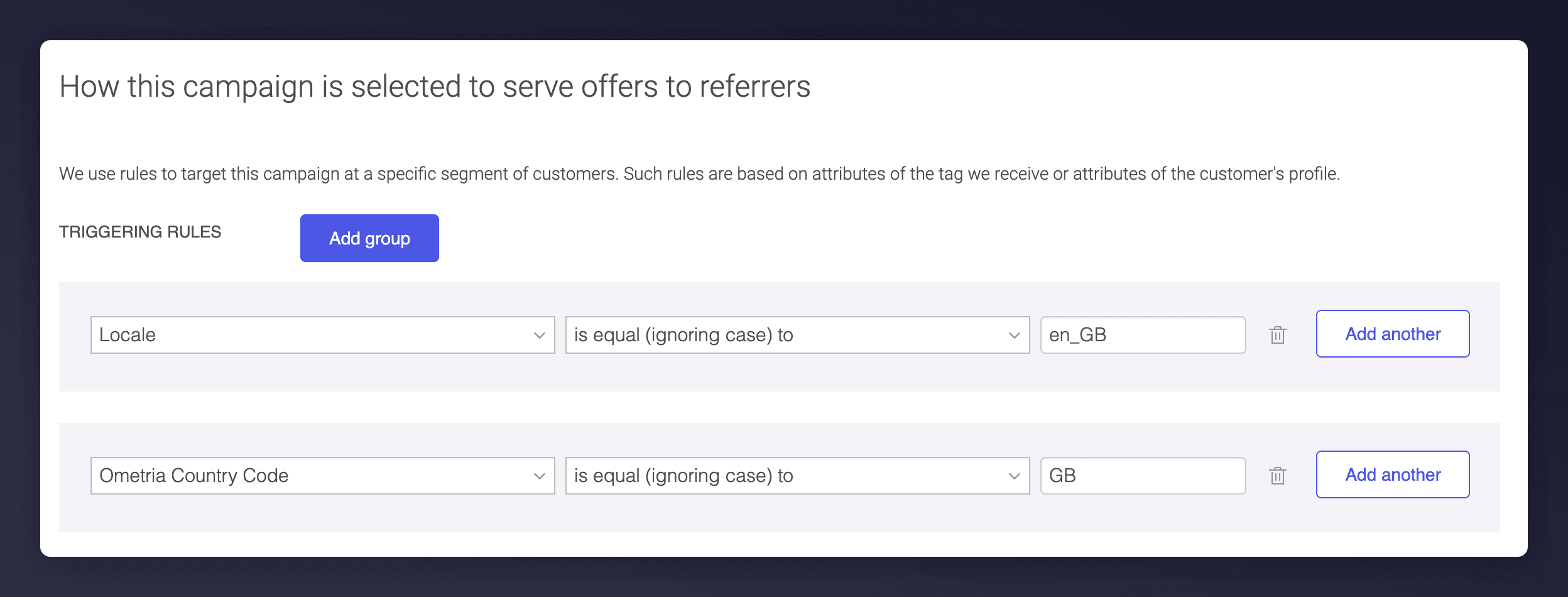 Triggering rules showing a campaign served when Locale is en_GB or Ometria Country Code is GB