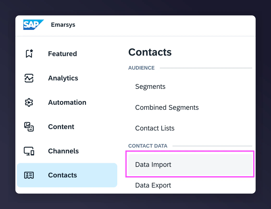 Contacts Data Import navigation in Emarsys
